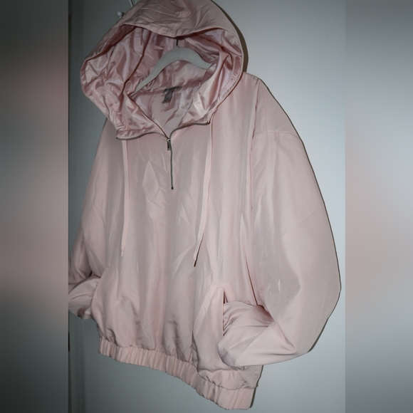 Forever21 satin track jacket with hoodie Pink sz S relax fit - Picture 2 of 14